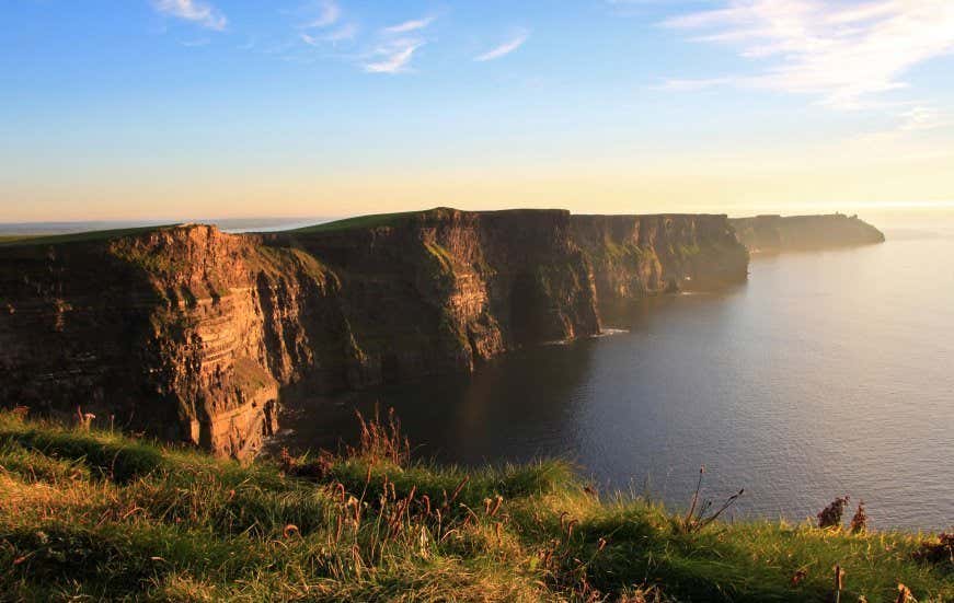 The Cliffs of Moher from above with a calm sea below