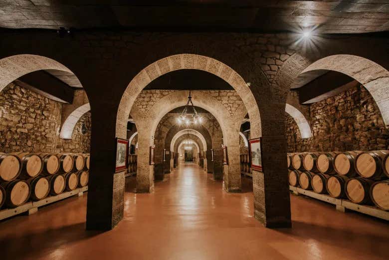 Interior de las bodegas Franco-españolas y barriles de vino.