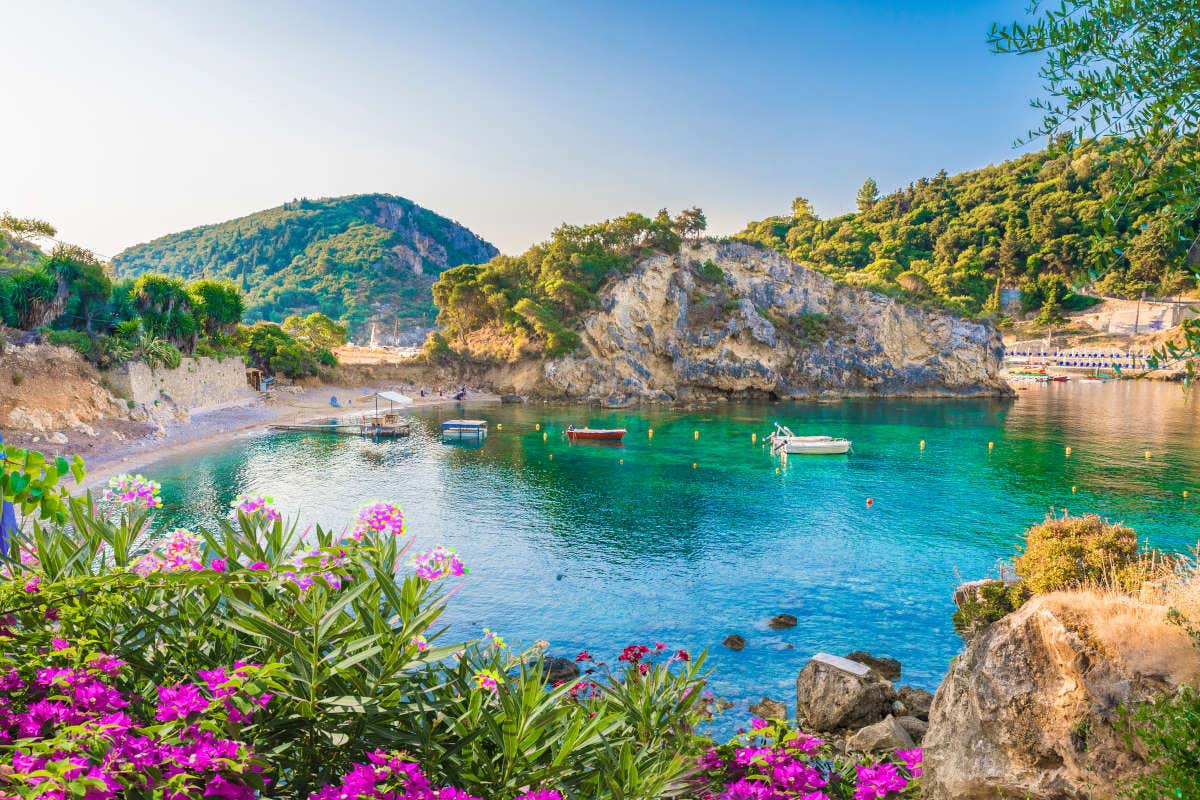 Una de las bahías de Corfú, una de las islas griegas más bonitas, rodeada de vegetación verde y aguas color esmeralda