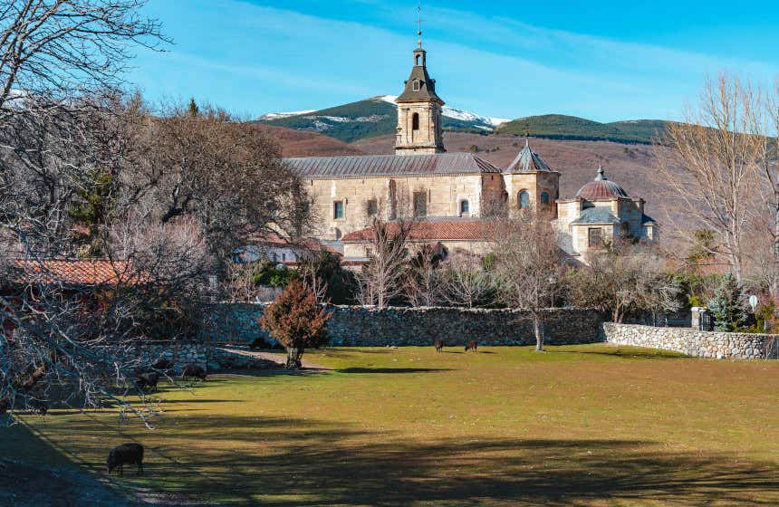 Monasterio de Santa María de El Paular en Rascafría tras una pequeña muralla de piedra y varios árboles sin hojas