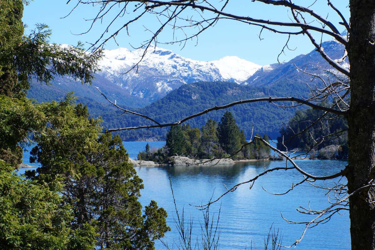 Vista del lago Nahuel Huapi, tra frondosa vegetazione e montagne innevate sullo sfondo