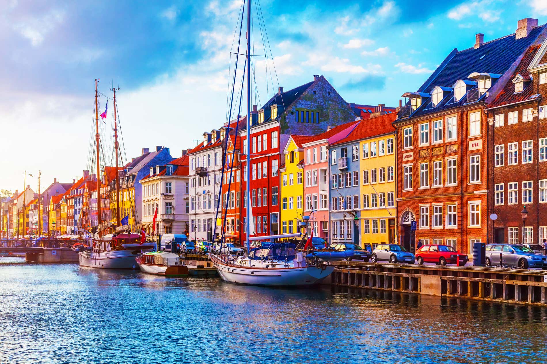 View of the harbour in Copenhagen and colourful houses on the waterfront