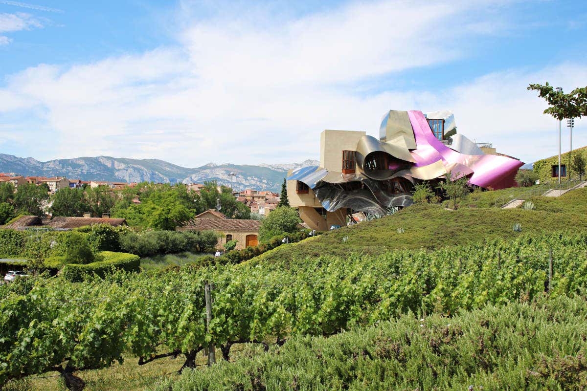 Vistas de los viñedos de la Rioja Alavesa con la bodega Marqués de Riscal al fondo