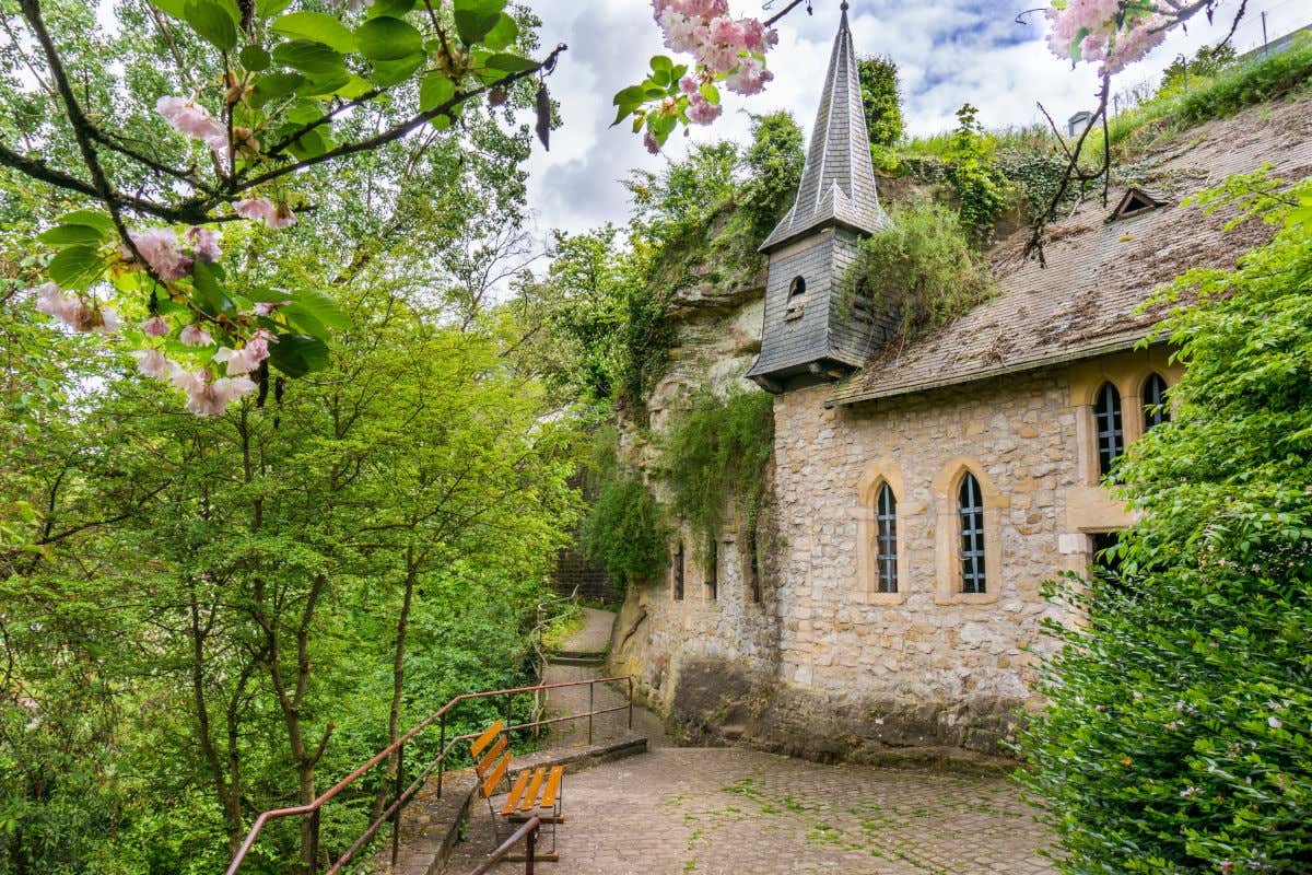 The Saint-Quirin Chapel at the Pétrusse Valley surrounded by trees