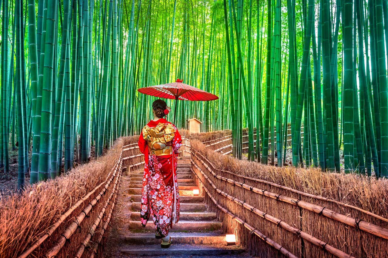 Mujer vestida con kimono tradicional caminando en el bosque de bambú de Arashiyama