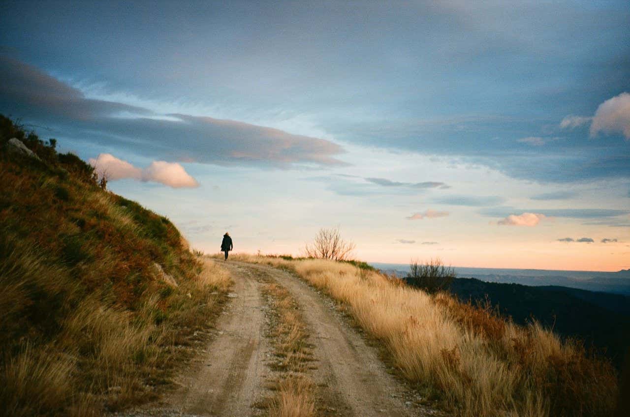 Hombre caminando por un camino de tierra en el campo