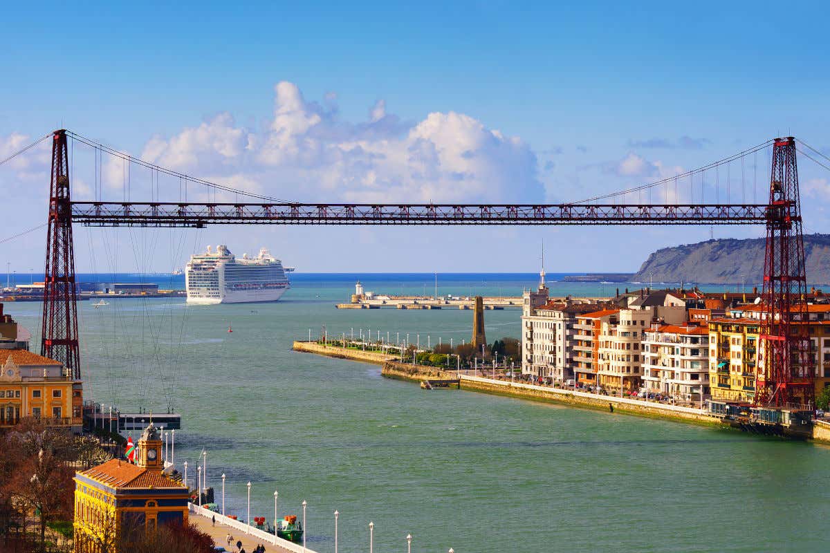 Panoramic view of the coast of Getxo with its emblematic red bridge, which was declared a World Heritage Site.