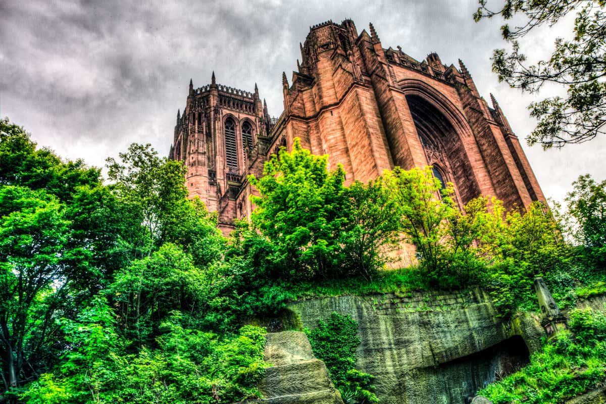 Panoramica dal basso della facciata rossiccia della cattedrale anglicana di Liverpool che spunta tra gli alberi