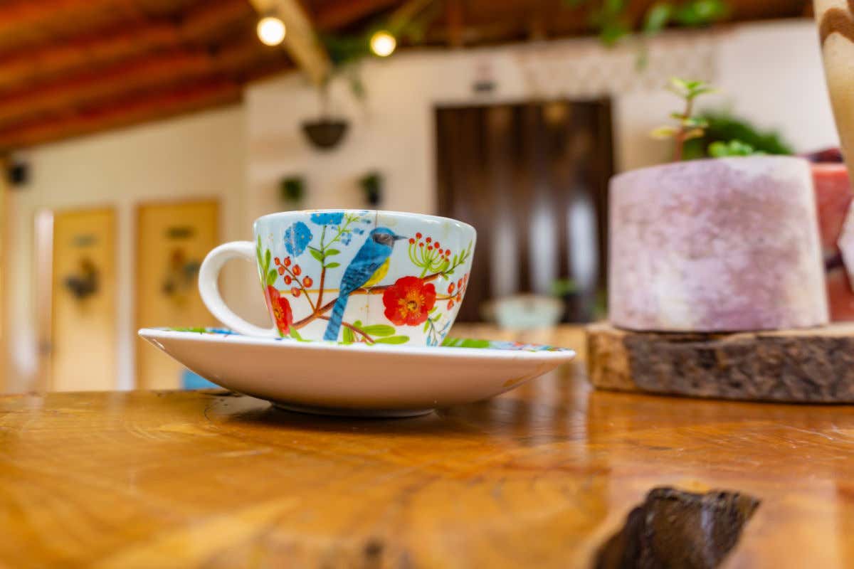 Una taza de café y un pequeño plato pintados a mano con dibujos de un ave y flores de diferentes colores sobre una mesa de madera en el interior de un salón