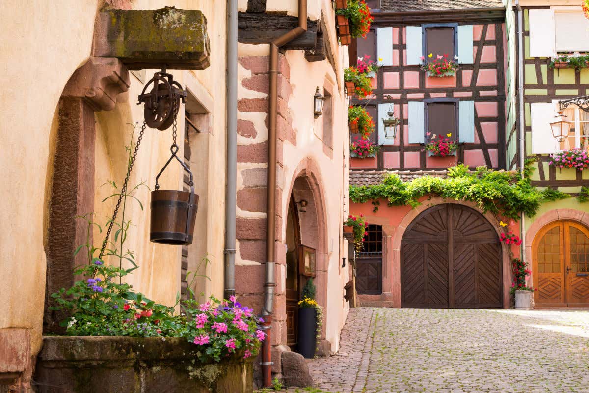 Varias casas y un pozo repleto de flores en un callejón de Riquewihr