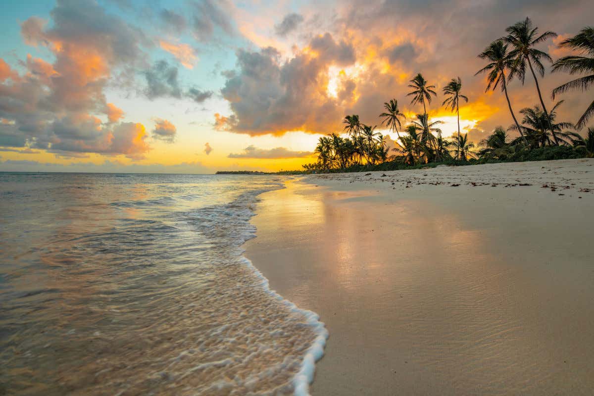 Playa Blanca al atardecer, una bahía de arena dorada y repleta de palmeras con la puesta de sol al fondo