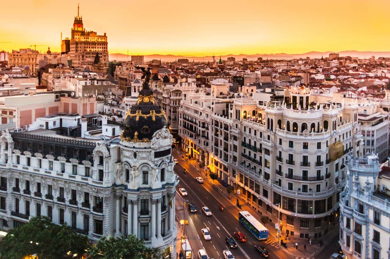 An aerial view of Gran Vía, Madrid at sunset.