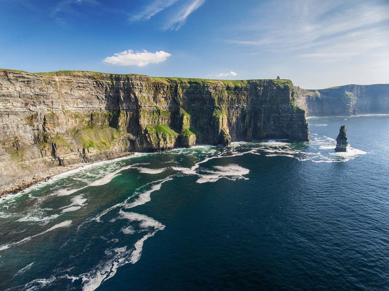 A wide-angle shot of the Cliffs of Moher as seen from above with a mostly clear sky.