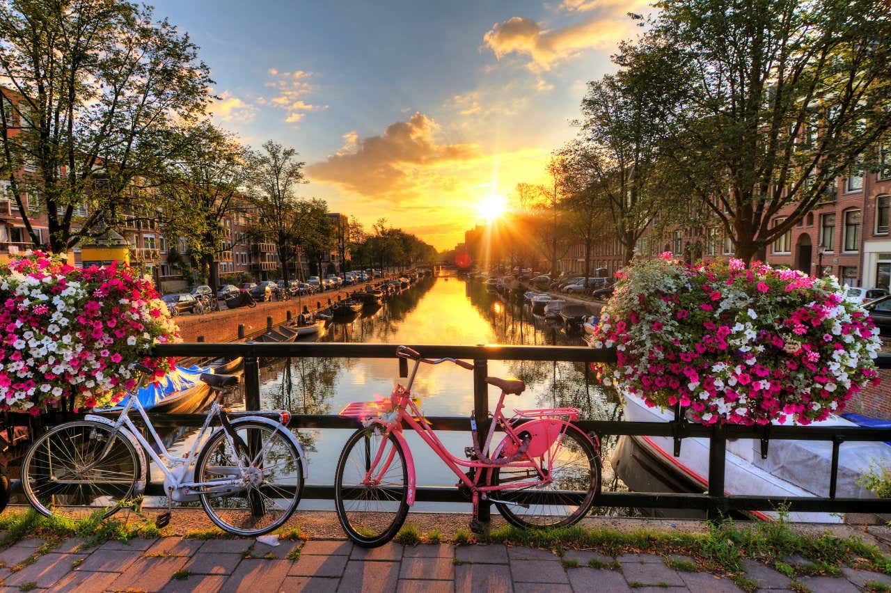 Des vélos sur un pont fleuri d'Amsterdam au coucher du soleil, l'une des meilleures activités à faire dans la capitale des Pays-Bas