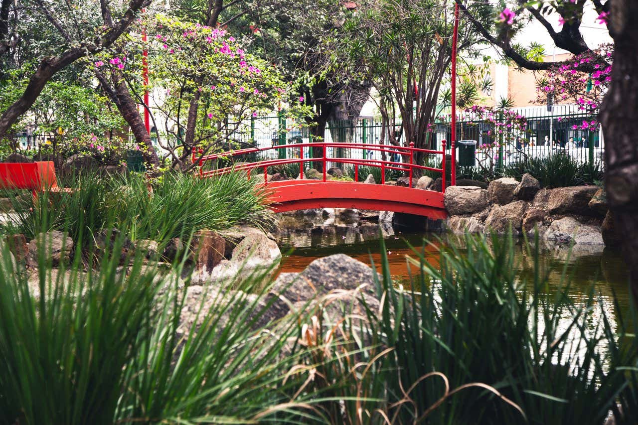 Un parco con un piccolo fiume e un ponte rosso tipicamente orientale nel quartiere di Liberdade