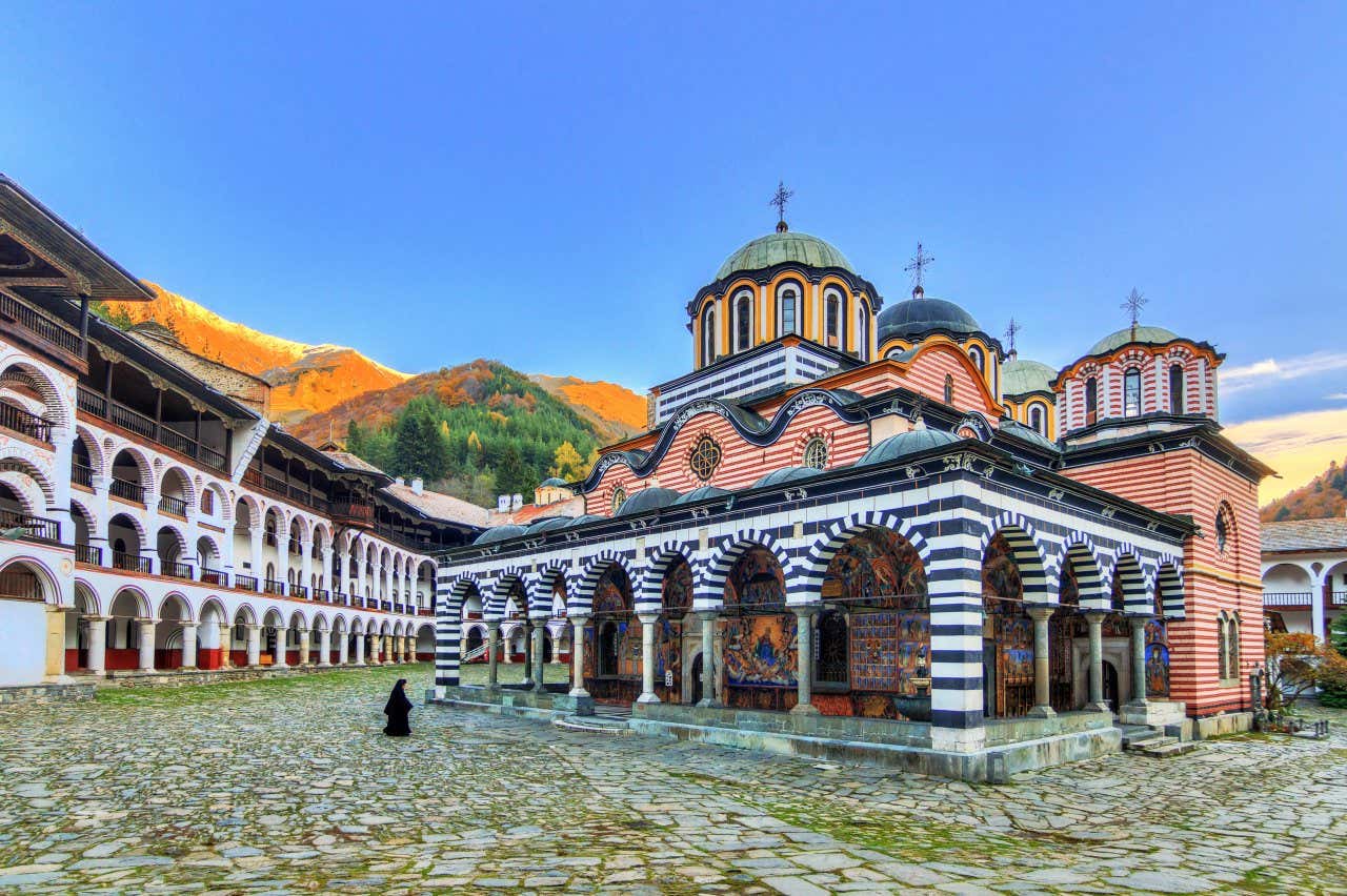 The colorful monastery of Rila, with the mountains in the background