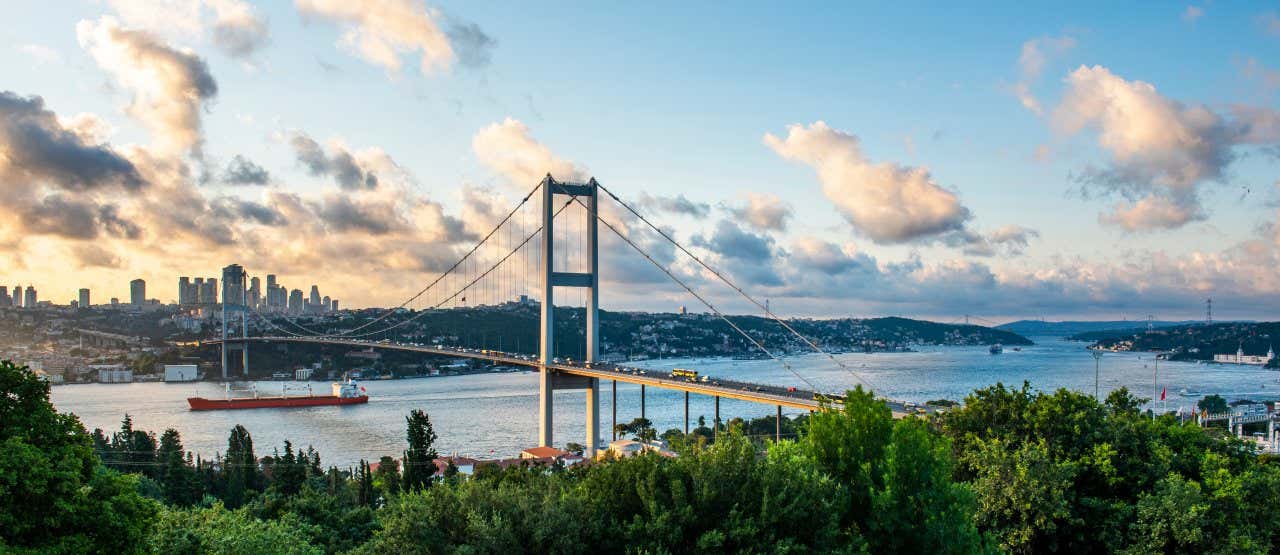 Vue panoramique sur le Bosphore avec un pont le traversant ainsi que plusieurs bâtiments à l'horizon