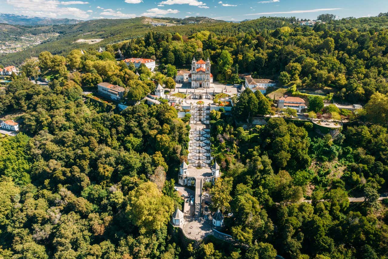 Aerial view of the Bom Jesus sanctuary surrounded by trees