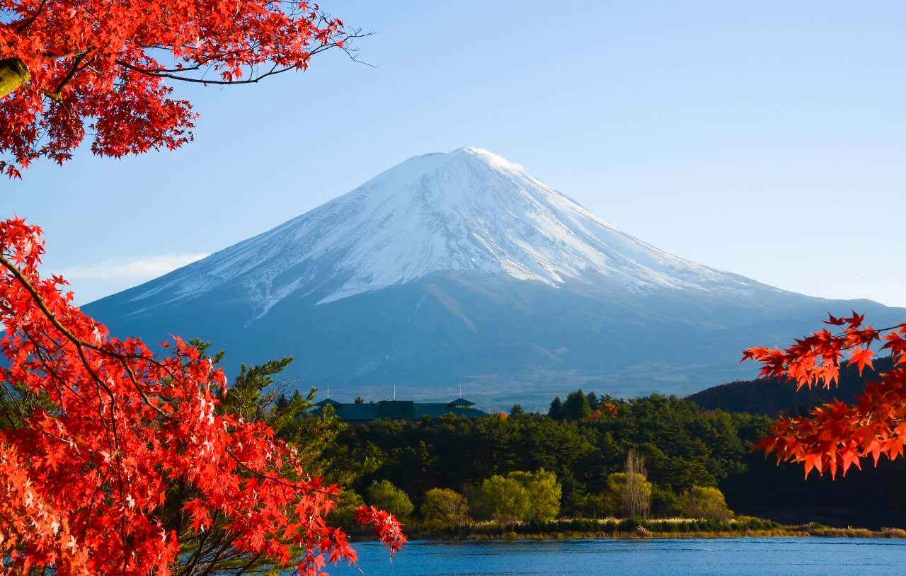 Vista panoramica del Monte Fuji affacciato sul lago Kawaguchi e incorniciato da rami di alberi con foglie autunnali