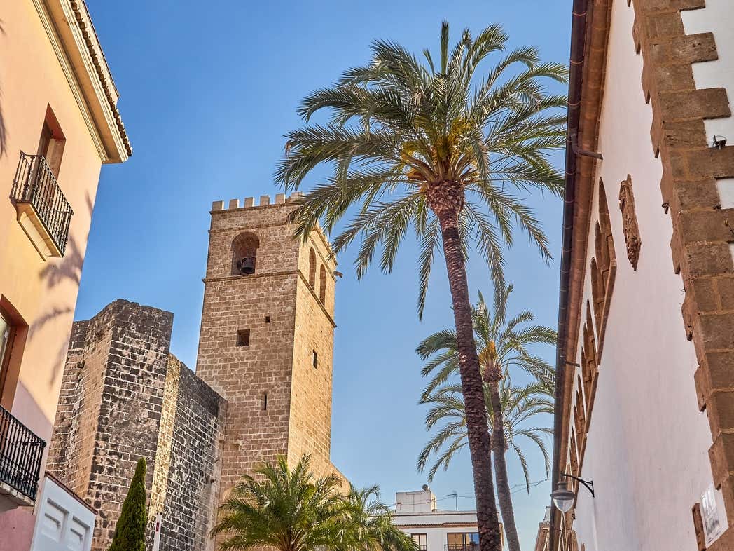 Detalle de un edificio histórico y una palmera en Jávea