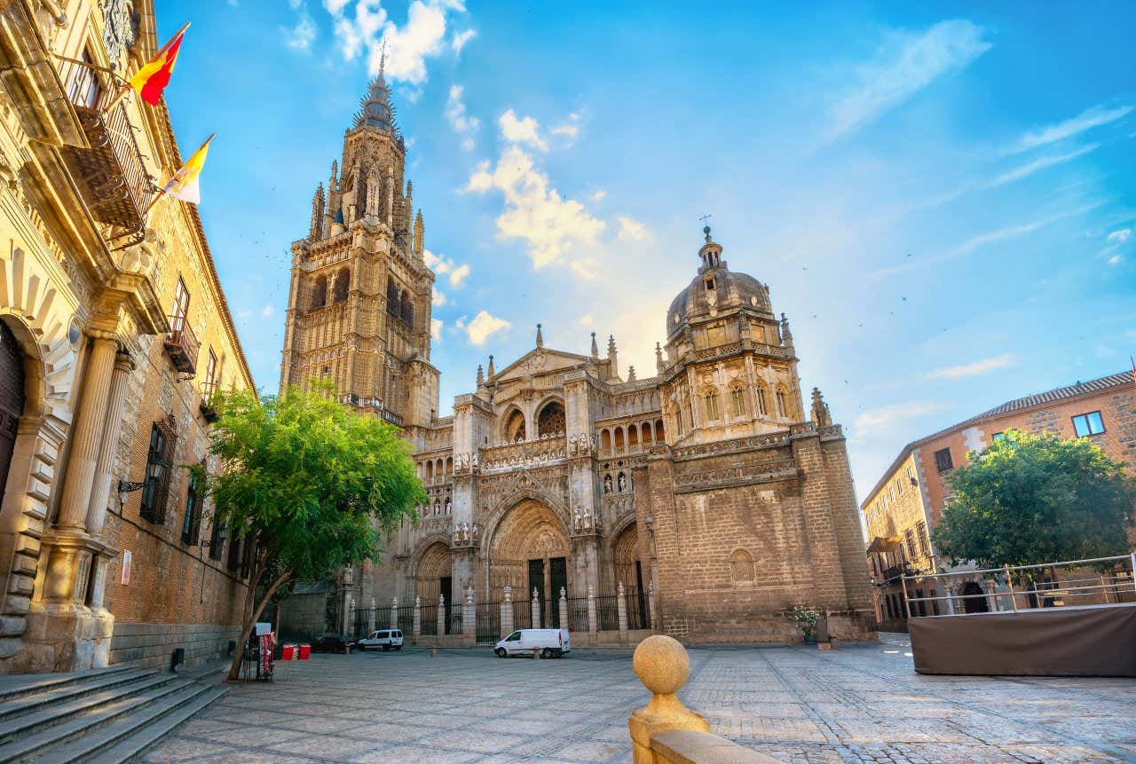 Toledo Cathedral with a clear sky in the background on a sunny day.