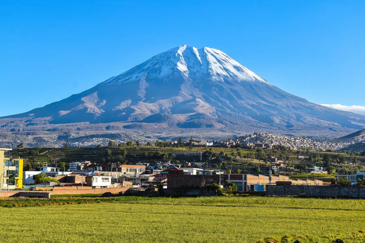 A view of Misti Volcano towering over Arequipa on a clear day.