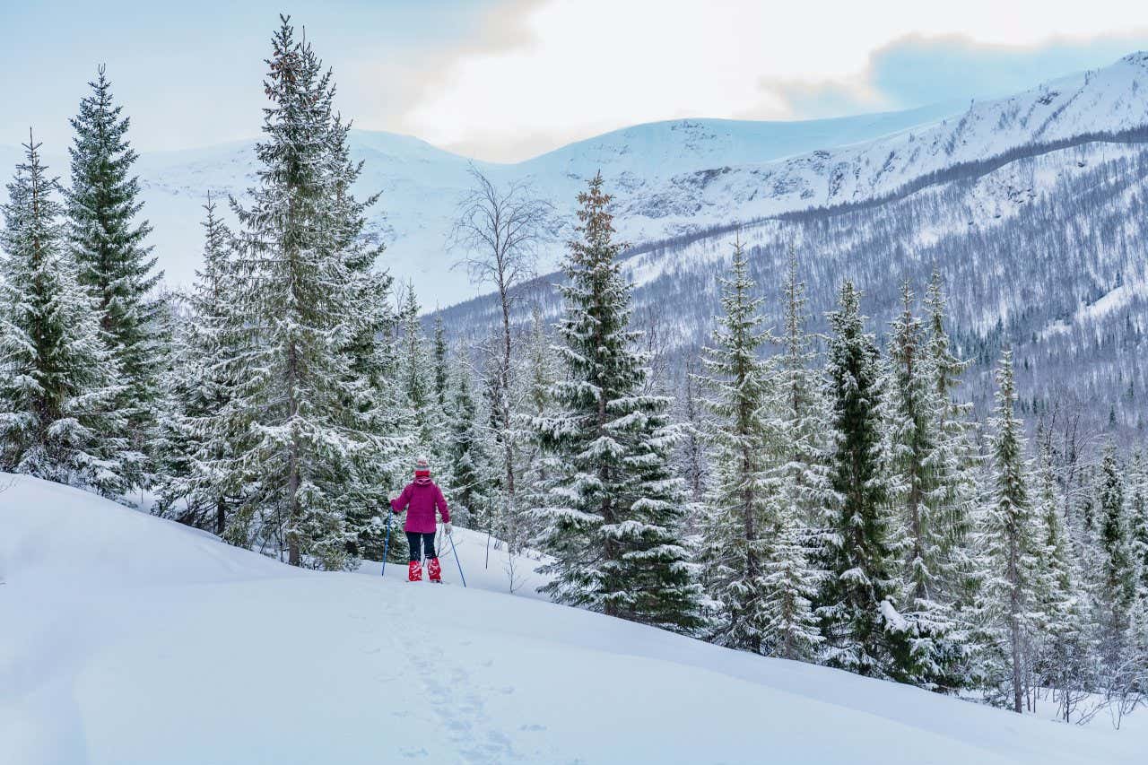 A woman in a pink coat and boots, going on a snowshoe hike on a snowy mountain.