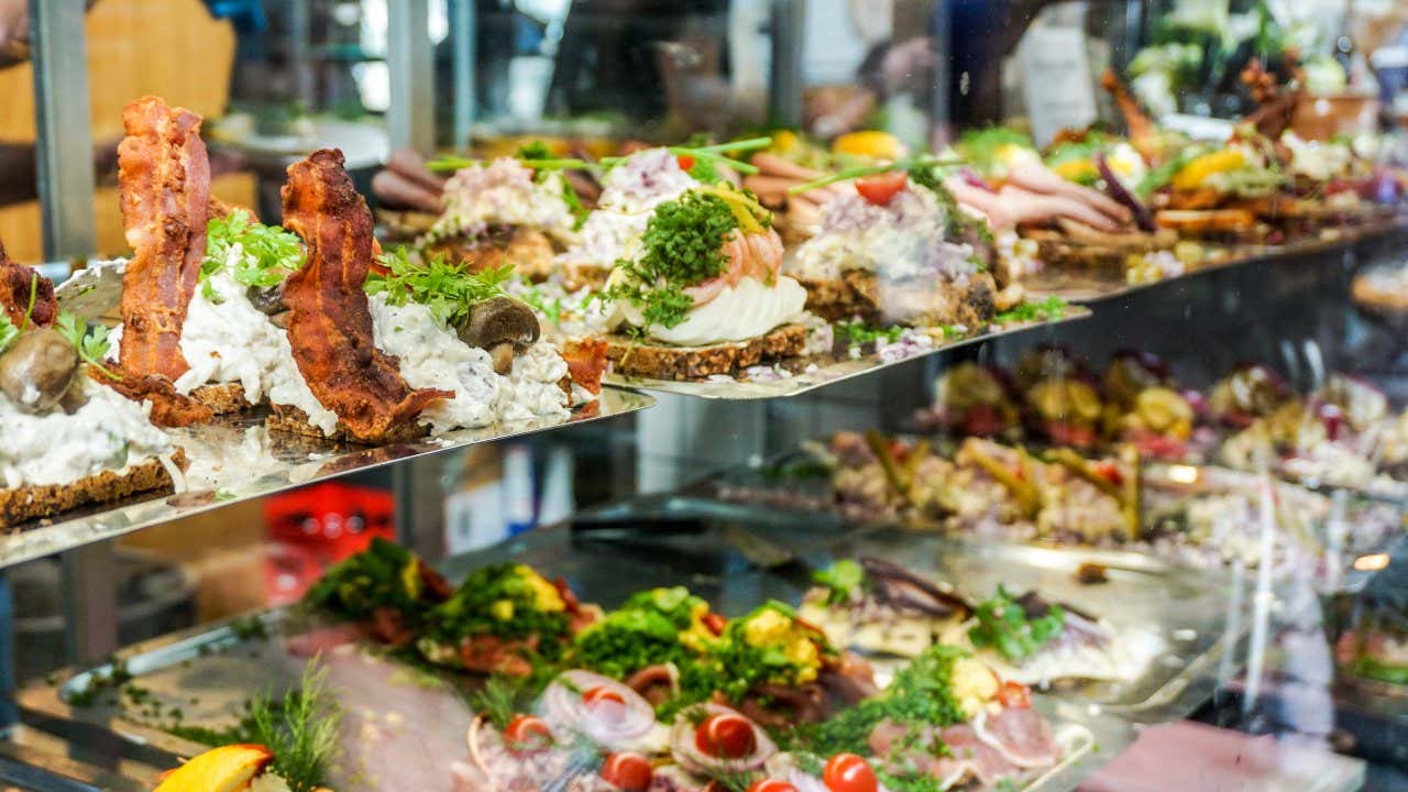 Various Smørrebrød in a shop windown in Copenhagen.