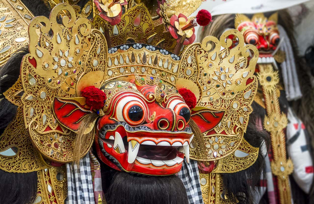 An intricate Barong mask, as part of a Barong dance show.