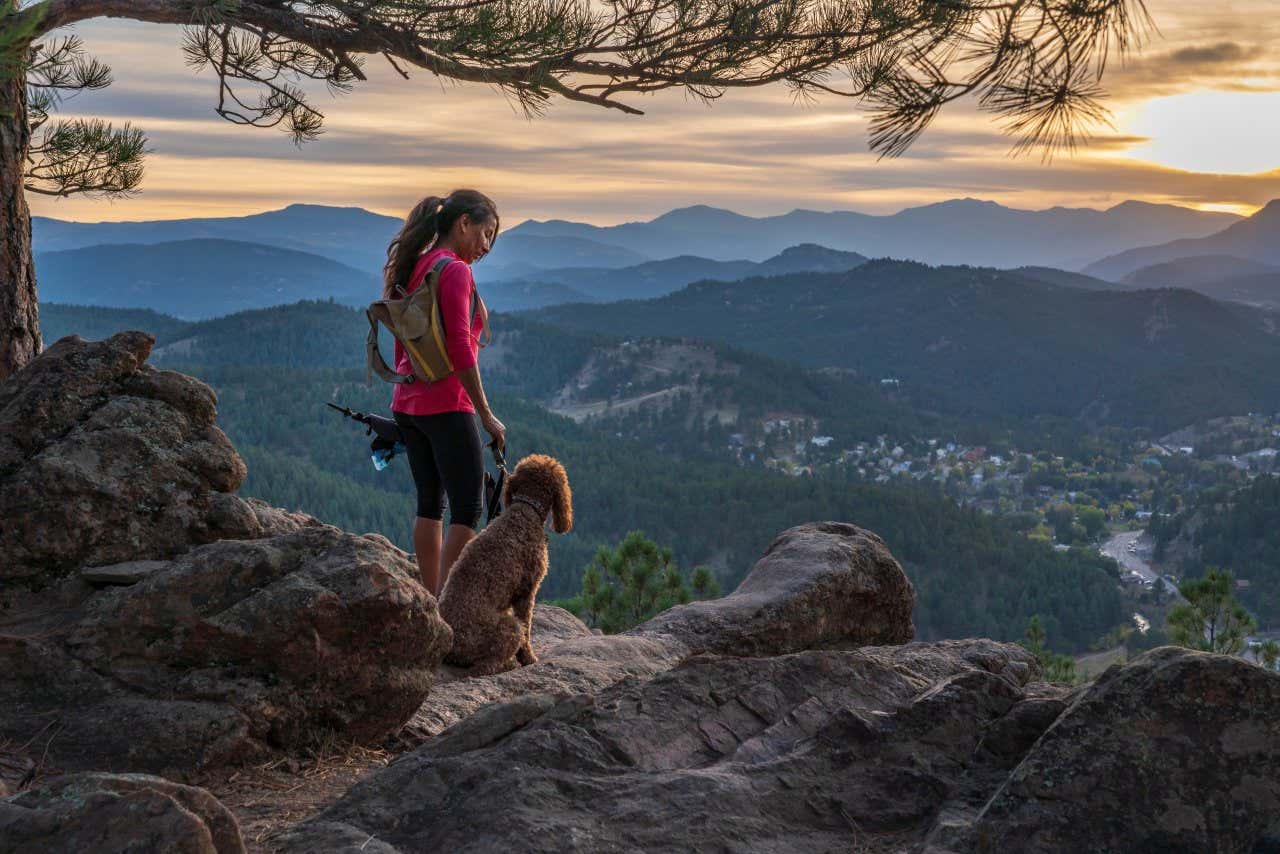 A woman in a pink top and hiking gear posing with a dog at the top of a mountain.