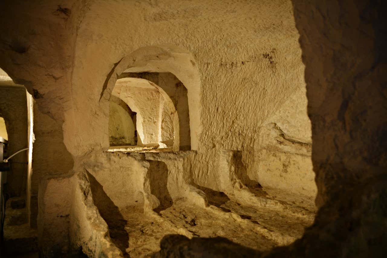 A cave dug underground with grooves and bunks, lit by electric light.