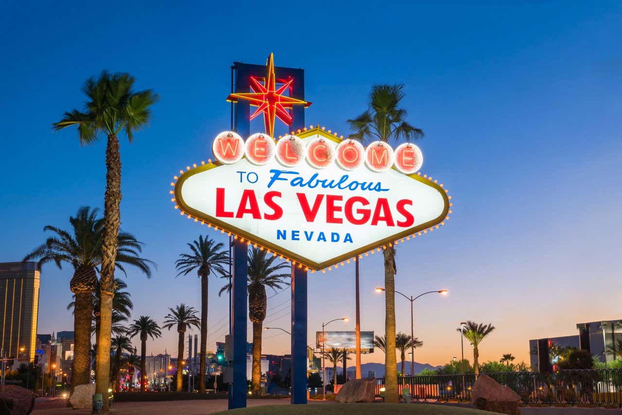 The famous Welcome to Fabulous Las Vegas Nevada sign at dusk