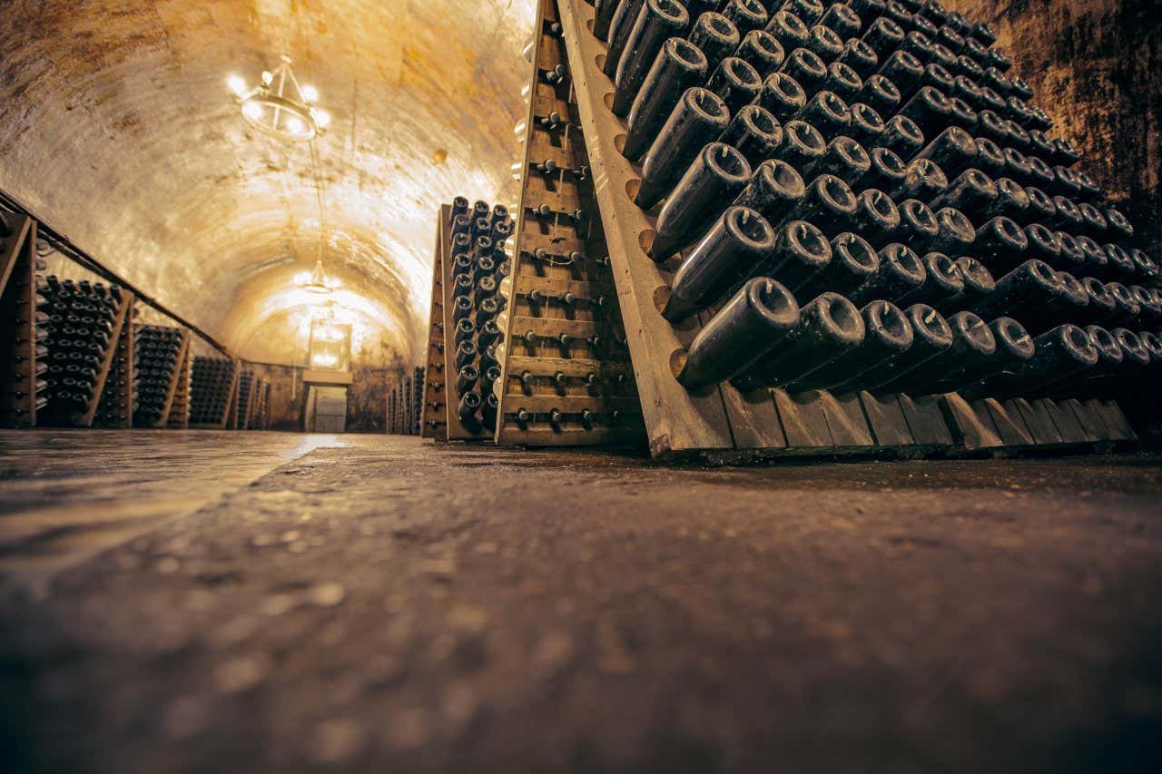 Bouteilles rangées sur des supports en bois inclinés dans une cave traditionnelle de la Route touristique du champagne