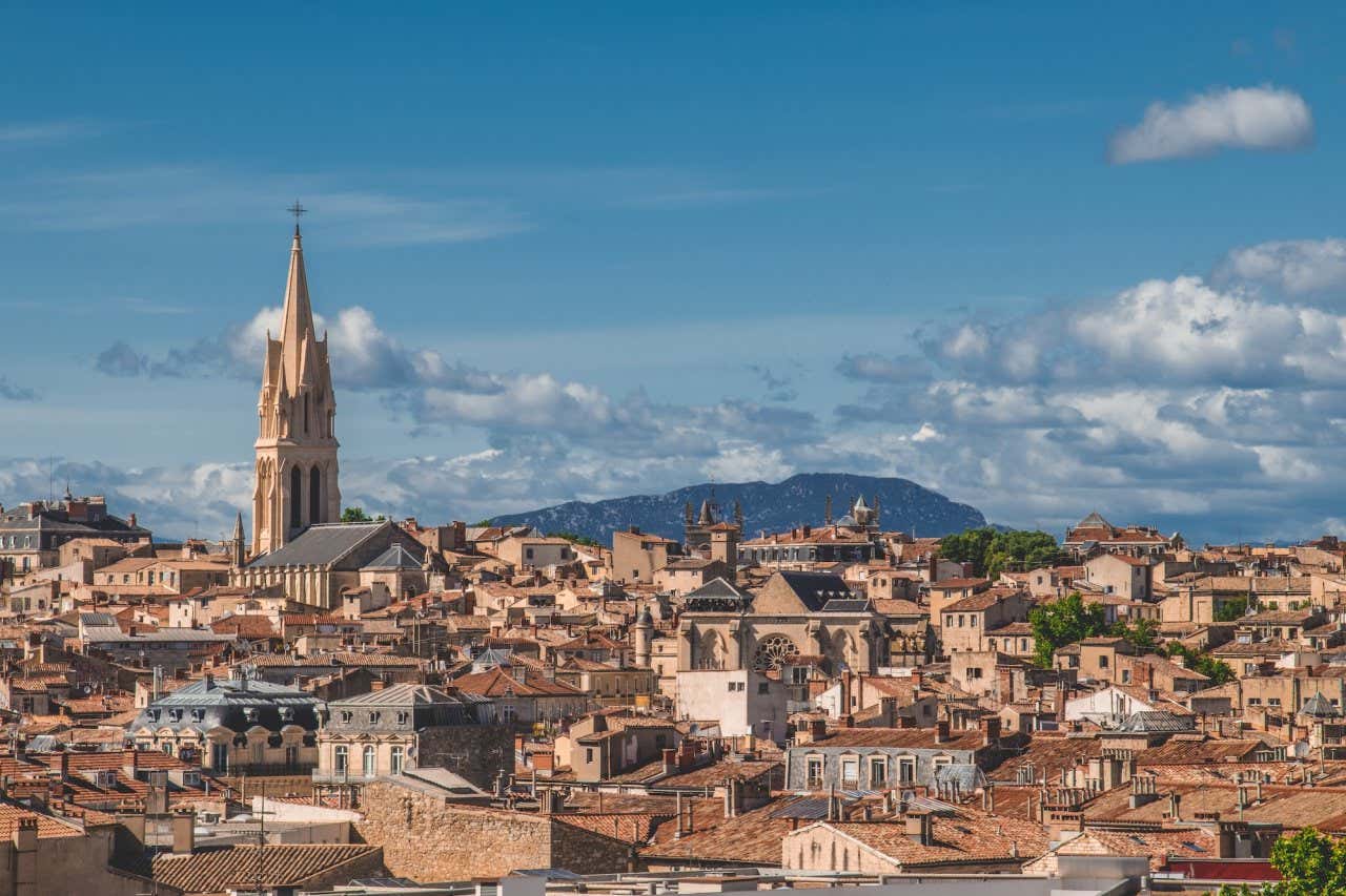 Panorâmica de Montpellier com diversos edifícios e a catedral gótica ao fundo