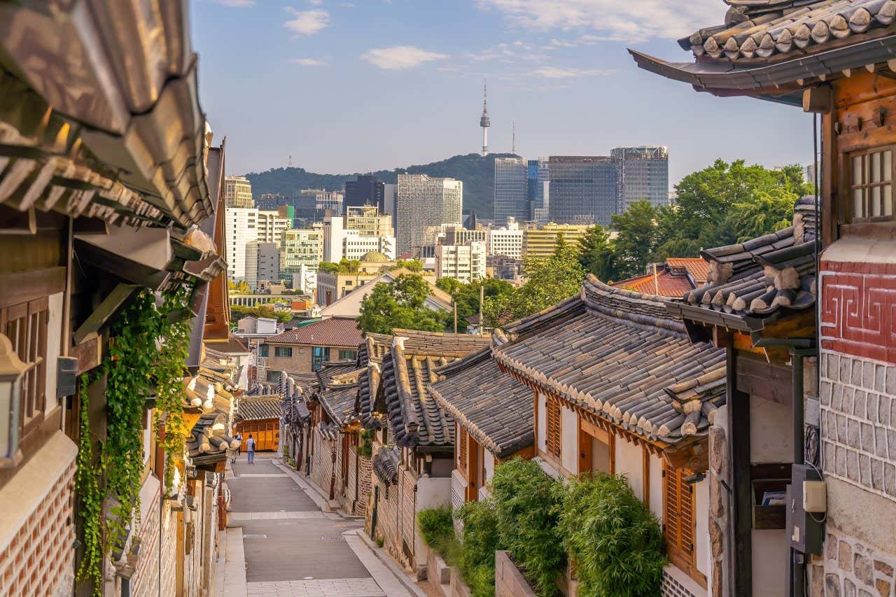 Bukchon Hanok, a traditional village in Seoul, Korea. The N Seoul tower is visible in the background.