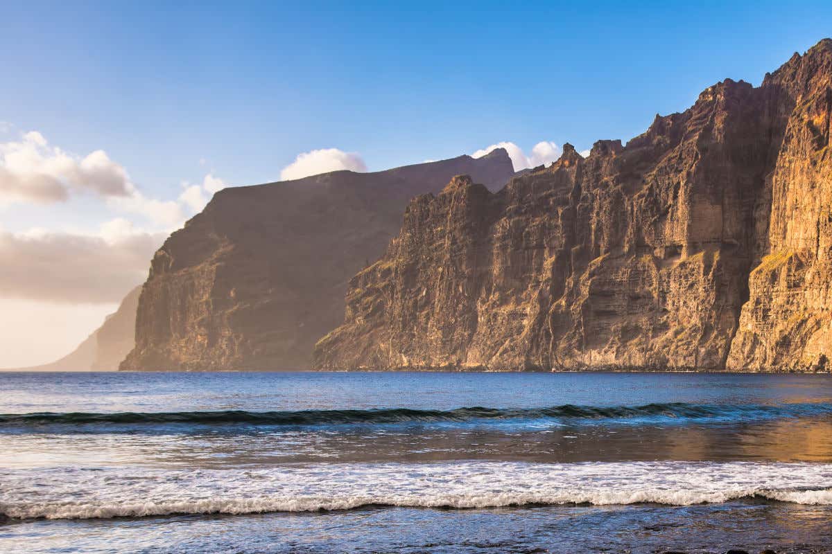 High coastal cliffs on a partly clear day.