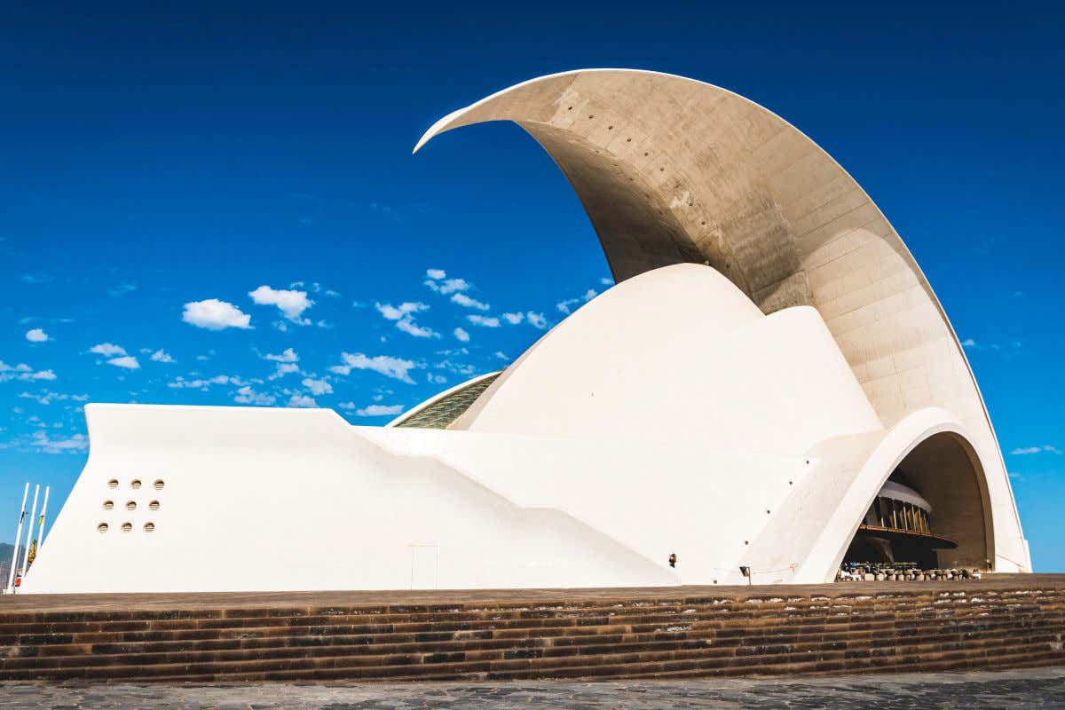 Tenerife's Adán Martín Auditorium, a modern-looking building with numerous curves, designed by Santiago Calatrava.