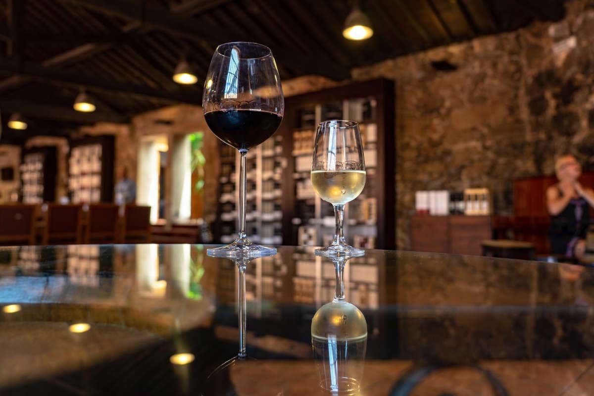 Una copa de vino tinto y otra de vino blanco en una bodega de Oporto