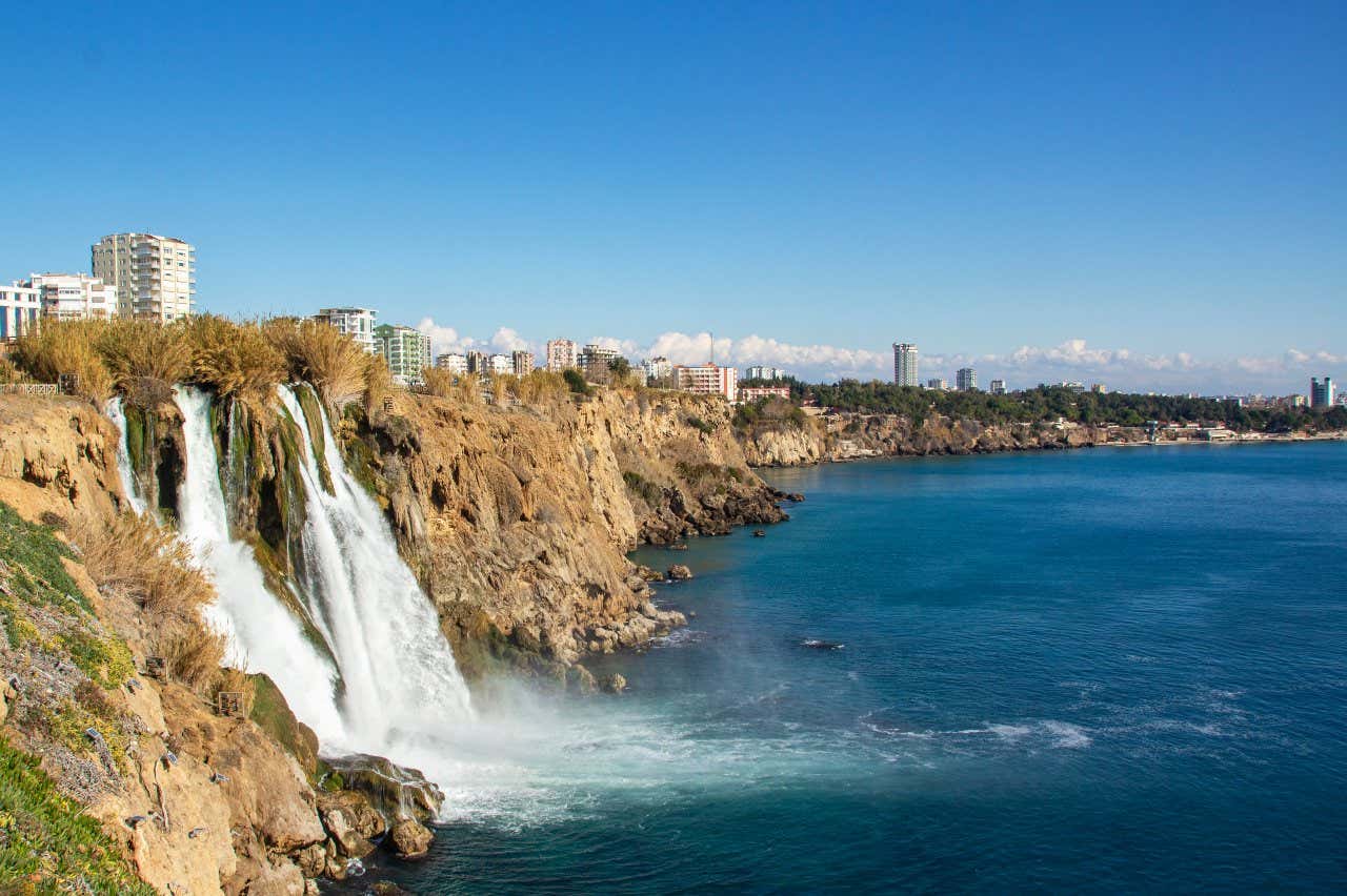 An aerial view of the cliffs of Antalya, including the Düden Waterfalls.