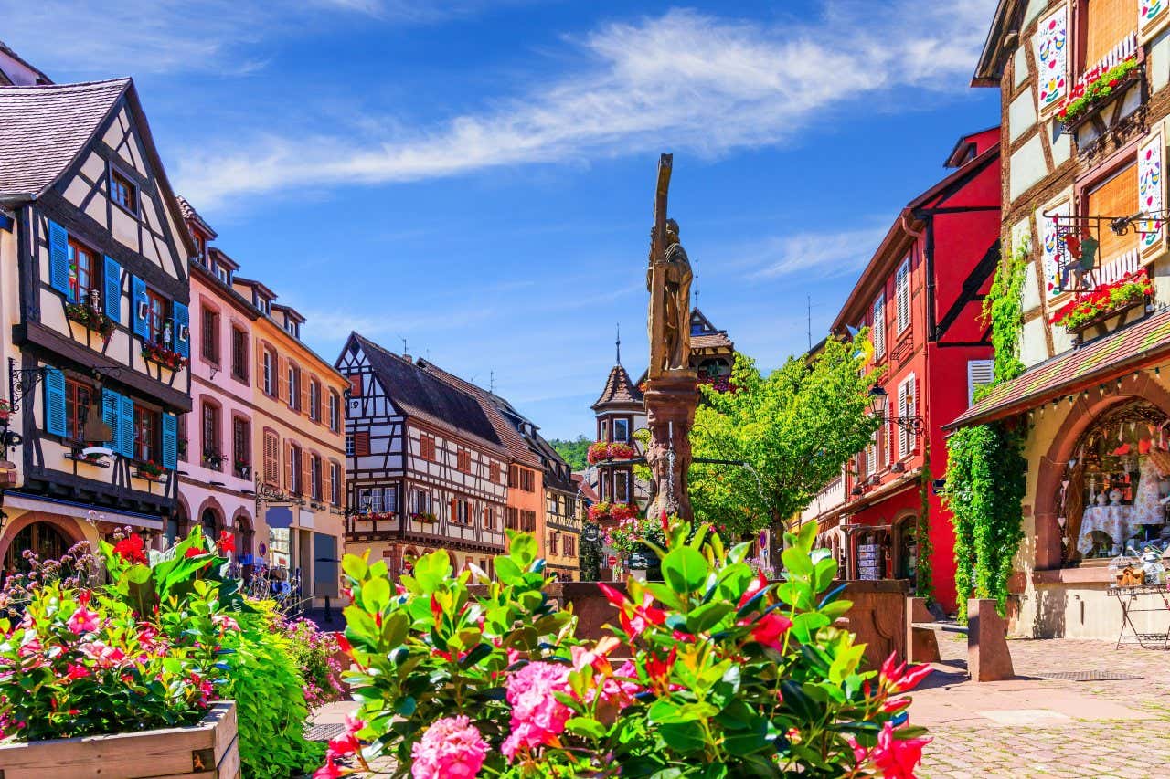 Maisons colorées à colombage entourant une place avec une statue au centre et plusieurs plantes et arbres sous un ciel dégagé