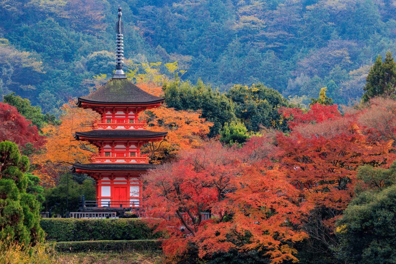 Una pagoda a tre piani di colore rosso acceso immerso in un bosco di alberi con foglie colorate rosso, arancione, giallo e verde