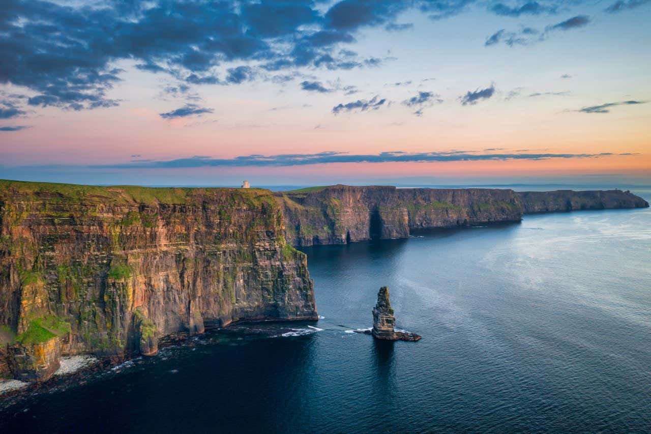 An aerial view of the Cliffs of Moher on an evening.