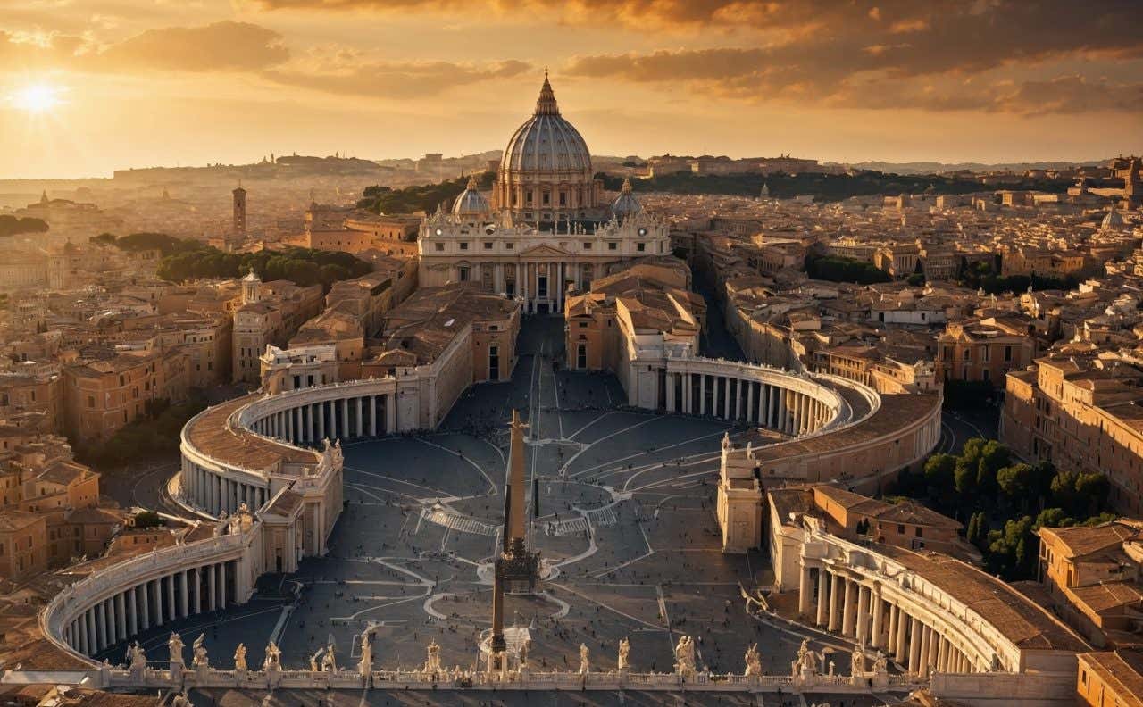 A Cidade do Vaticano, com a Basílica de São Pedro brilhando sob um pôr do sol dourado.