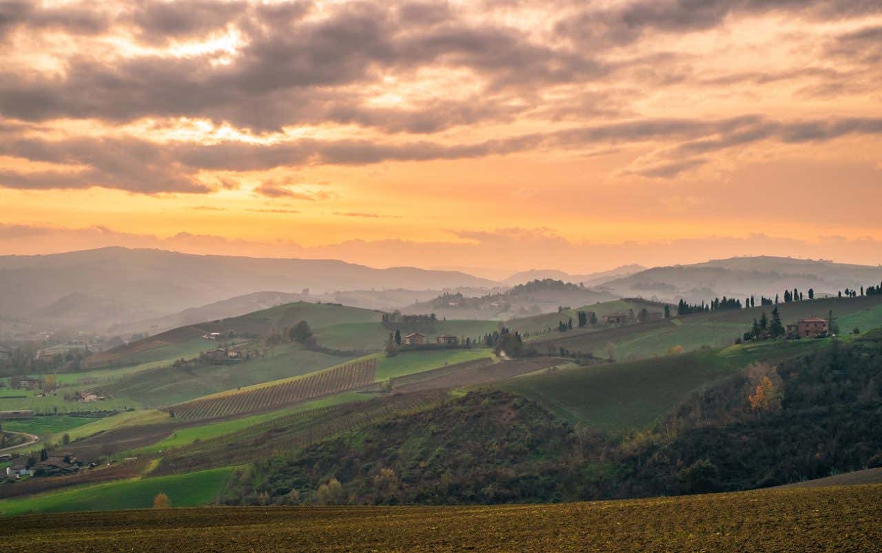 Las colinas de Bolonia al atardecer, un lugar lleno de exuberante vegetación verde