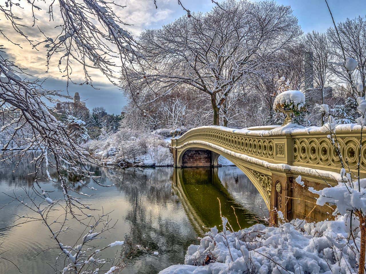 Pont au-dessus d'un lac dans Central Park avec des arbres couverts de neige