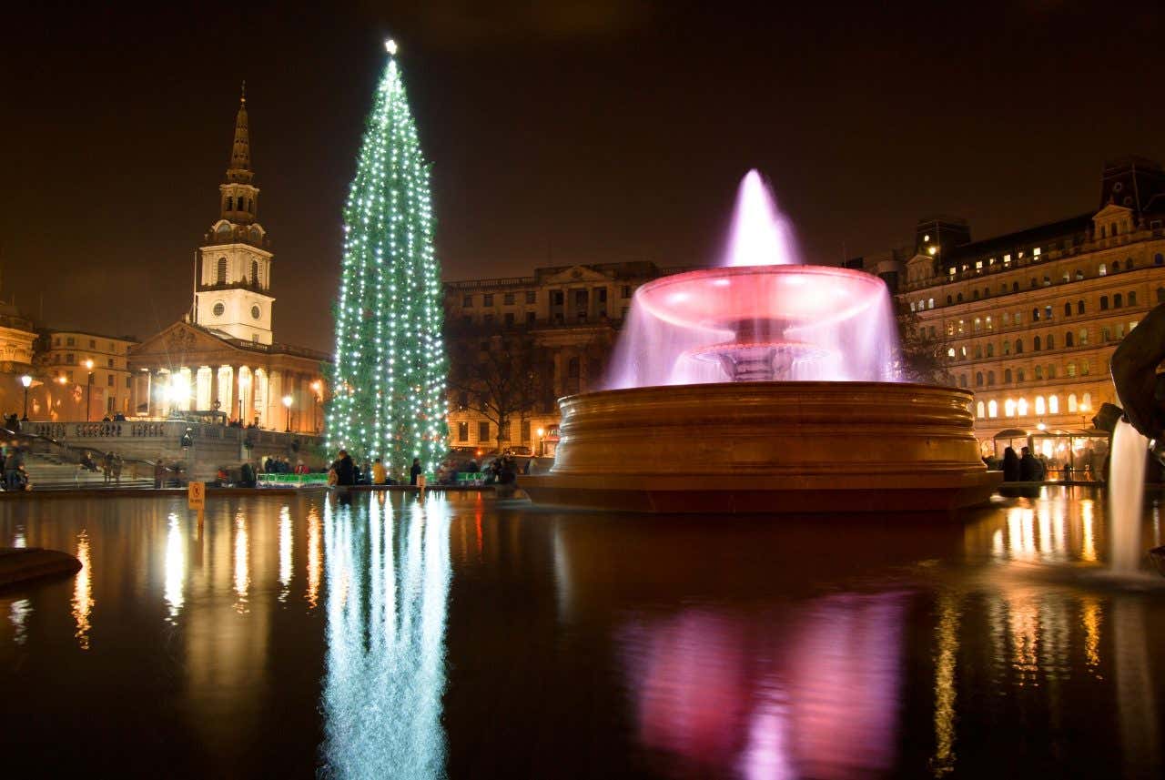 La fontana di Trafalgar Square di sera con alle spalle, sulla sinistra, un alto e snello abete decorato con strisce di luci disposte verticalmente 