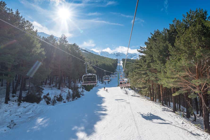 Telesillas sobre un paraje cubierto de nieve y rodeado de pinos