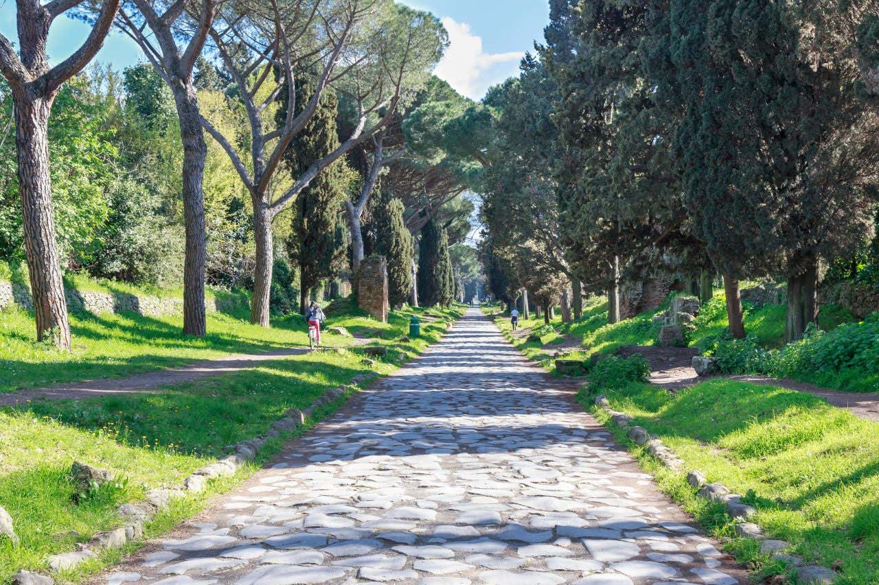 Uma estrada de paralelepípedos rodeada de frondosa vegetação e um dia ensolarado