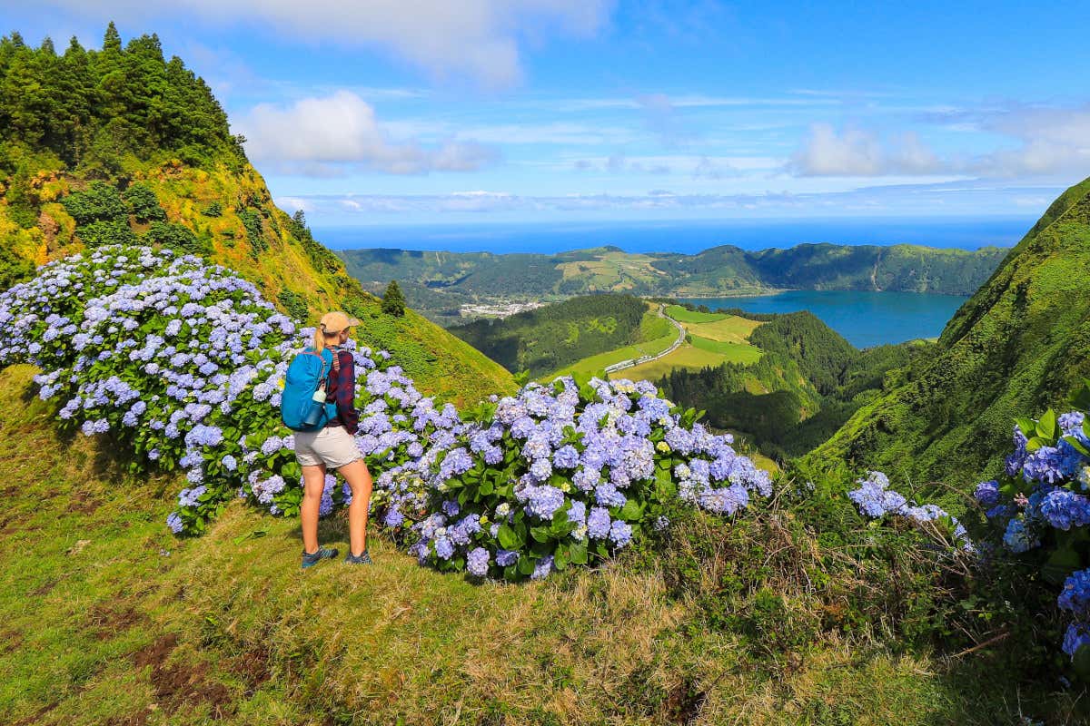 Una mujer junto a unas flores de color lila contempla un paisaje de calderas volcánicas rodeado de verde vegetación