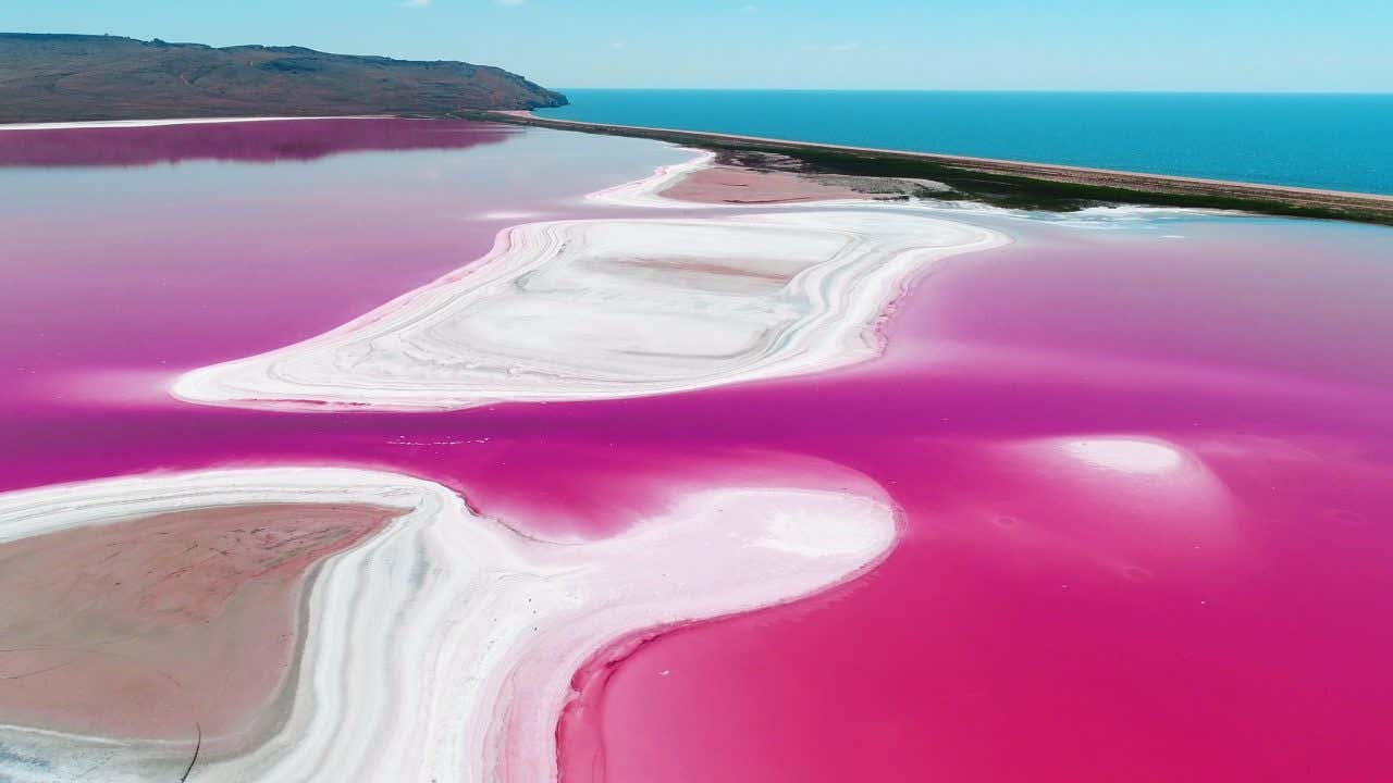 Parque Natural Las Coloradas visto de cima, com águas rosadas e sal no meio do lago